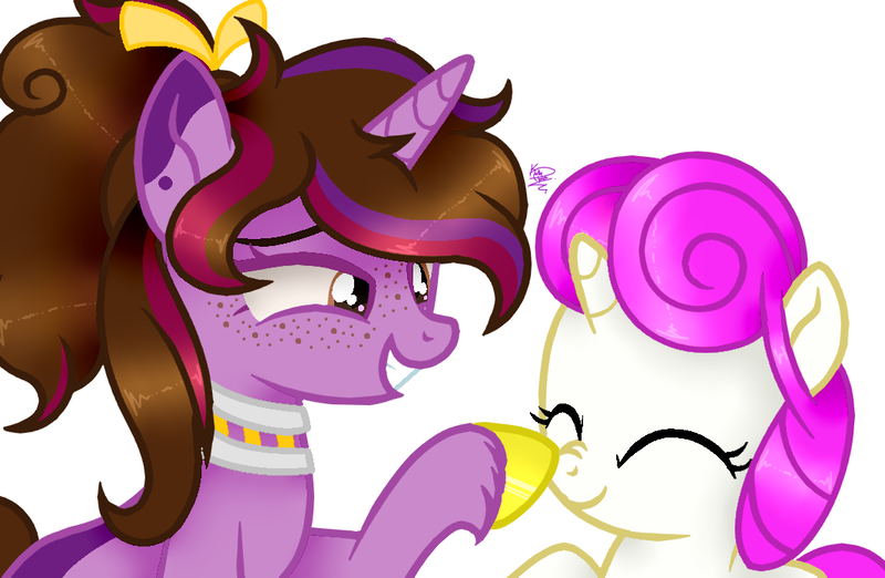 Size: 1067x696 | Tagged: safe, artist:kapai882, artist:kathe, artist:kathepart, derpibooru import, edit, unicorn, boop, boop edit, child, collar, couple, hair bun, image, png, simple background