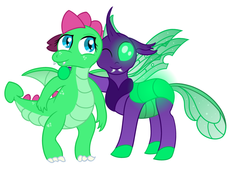 Size: 3200x2422 | Tagged: safe, artist:sweetielover, derpibooru import, oc, oc:goldigony, oc:sparkly emerald, unofficial characters only, changedling, changeling, dragon, derpibooru community collaboration, 2023 community collab, changeling oc, dragoness, duo, female, glow, high res, image, male, png, simple background, standing, transparent background