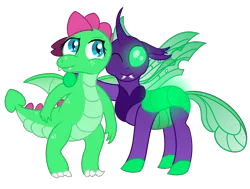 Size: 3200x2422 | Tagged: safe, artist:sweetielover, derpibooru import, oc, oc:goldigony, oc:sparkly emerald, unofficial characters only, changedling, changeling, dragon, derpibooru community collaboration, 2023 community collab, changeling oc, dragoness, duo, female, glow, high res, image, male, png, simple background, standing, transparent background