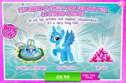 Size: 1958x1293 | Tagged: safe, derpibooru import, idw, official, trixie, alicorn, pony, advertisement, alicornified, costs real money, english, eyeshadow, female, fountain, gameloft, gem, horn, idw showified, image, jewelry, jpeg, makeup, mare, mirror universe, numbers, princess of humility, race swap, sale, solo, solo focus, spread wings, text, tiara, trixiecorn, wings