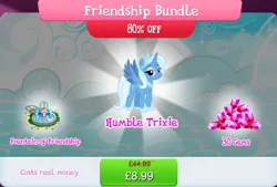 Size: 1262x852 | Tagged: safe, derpibooru import, idw, official, trixie, alicorn, pony, alicornified, bundle, costs real money, english, eyeshadow, female, fountain, gameloft, gem, horn, idw showified, image, jewelry, jpeg, makeup, mare, mirror universe, numbers, princess of humility, race swap, sale, solo, solo focus, spread wings, text, tiara, trixiecorn, wings