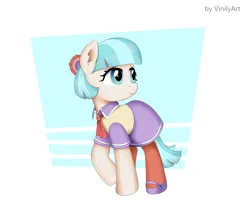 Size: 1604x1388 | Tagged: safe, artist:vinilyart, derpibooru import, coco pommel, earth pony, pony, clothes, cocobetes, cute, dress, female, flower, flower in hair, hoof shoes, image, mare, necktie, png, raised hoof, shoes, simple background, smiling, socks, solo, stockings, thigh highs, white background