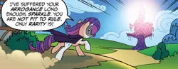 Size: 1334x516 | Tagged: safe, artist:tonyfleecs, derpibooru import, idw, rarity, pony, unicorn, g4, ponies of dark water, spoiler:comic, spoiler:comic44, cape, clothes, dialogue, doctor doomity, female, image, jpeg, mare, mask, solo, speech bubble, trotting, twilight's castle