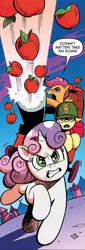Size: 452x1334 | Tagged: safe, artist:andypriceart, derpibooru import, idw, apple bloom, scootaloo, sweetie belle, earth pony, pegasus, pony, unicorn, siege of the crystal empire, spoiler:comic, spoiler:comic37, apple, army helmet, cannon, cutie mark crusaders, dialogue, female, filly, foal, food, g4, helmet, image, jpeg, speech bubble, trio