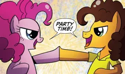 Size: 1260x750 | Tagged: safe, artist:agnesgarbowska, derpibooru import, idw, cheese sandwich, pinkie pie, earth pony, pony, friends forever, spoiler:comic, spoiler:comicff34, dialogue, duo, female, hoofbump, image, jpeg, male, mare, speech bubble, stallion