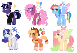 Size: 1280x885 | Tagged: safe, artist:s0ftserve, derpibooru import, applejack, fluttershy, pinkie pie, rainbow dash, rarity, twilight sparkle, pony, alternate cutie mark, alternate design, apron, clothes, coat markings, colored hooves, colored wings, gradient mane, image, mane six, png, simple background, transparent background, twitterina design, wings