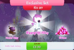 Size: 1264x854 | Tagged: safe, derpibooru import, sea poppy, hippogriff, airship, background character, background hippogriff, barrel, beak, bundle, costs real money, english, female, fledgeling, gameloft, gem, image, jpeg, numbers, sale, solo, solo focus, text, wings, zeppelin