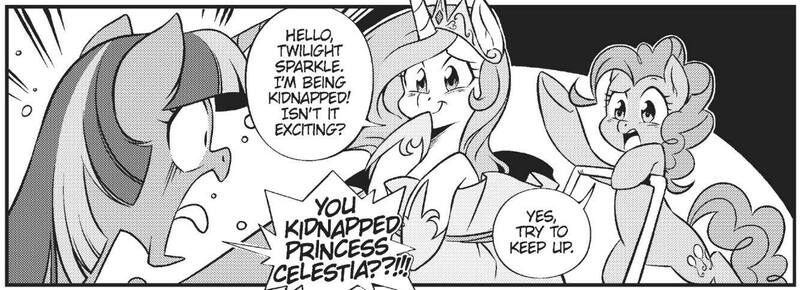 Size: 1334x483 | Tagged: safe, artist:nekoshiei, derpibooru import, seven seas, pinkie pie, princess celestia, twilight sparkle, twilight sparkle (alicorn), alicorn, earth pony, pony, my little pony: the manga, my little pony: the manga volume 2, spoiler:manga, spoiler:manga2, dialogue, emanata, female, g4, grayscale, image, jewelry, jpeg, manga, mare, monochrome, regalia, trio