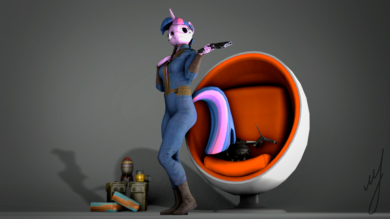 Size: 1920x1080 | Tagged: safe, artist:retro0range, derpibooru import, twilight sparkle, anthro, 3d, clothes, fallout, image, jumpsuit, png, solo, source filmmaker, vault suit, weapon