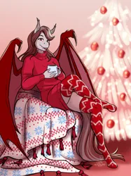 Size: 2343x3138 | Tagged: safe, artist:blackblood-queen, derpibooru import, oc, oc:scarlet quill, unofficial characters only, anthro, bat pony, pony, unguligrade anthro, anthro oc, bat pony oc, bat wings, blanket, chocolate, christmas, christmas ornament, christmas tree, clothes, commission, crossed legs, cup, decoration, digital art, fangs, female, food, freckles, hearth's warming, hearth's warming eve, holiday, hot chocolate, image, mare, png, slit pupils, smiling, socks, stockings, sweater, thigh highs, tree, wings