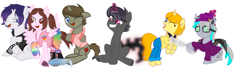 Size: 2199x666 | Tagged: safe, artist:darktailsko, derpibooru import, oc, oc:batilla, oc:christian, oc:cutiechu, oc:darkknighthoof, oc:darkknightshade, oc:tippy toes, ponified, unofficial characters only, bat pony, earth pony, pegasus, pony, unicorn, derpibooru community collaboration, 2023 community collab, augmented, augmented tail, bat pony oc, bat wings, beanie, boots, bracelet, clothes, coat, evil grin, fangs, feather, female, fingerless gloves, glasses, gloves, glow, glowing horn, grin, hat, hoodie, hoof tickling, horn, image, laughing, leggings, looking at each other, looking at someone, magic, male, mare, necktie, one eye closed, open mouth, png, ponified oc, rainbow socks, raised hoof, shirt, shoes, simple background, sitting, skirt, smiling, socks, spiked wristband, stallion, stockings, striped socks, suit, tail, thigh highs, tickle torture, tickling, transparent background, vest, wings, wristband
