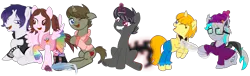 Size: 2199x666 | Tagged: safe, artist:darktailsko, derpibooru import, oc, oc:batilla, oc:christian, oc:cutiechu, oc:darkknighthoof, oc:darkknightshade, oc:tippy toes, ponified, unofficial characters only, bat pony, earth pony, pegasus, pony, unicorn, derpibooru community collaboration, 2023 community collab, augmented, augmented tail, bat pony oc, bat wings, beanie, boots, bracelet, clothes, coat, evil grin, fangs, feather, female, fingerless gloves, glasses, gloves, glow, glowing horn, grin, hat, hoodie, hoof tickling, horn, image, laughing, leggings, looking at each other, looking at someone, magic, male, mare, necktie, one eye closed, open mouth, png, ponified oc, rainbow socks, raised hoof, shirt, shoes, simple background, sitting, skirt, smiling, socks, spiked wristband, stallion, stockings, striped socks, suit, tail, thigh highs, tickle torture, tickling, transparent background, vest, wings, wristband