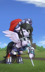 Size: 2496x4000 | Tagged: safe, artist:dipfanken, derpibooru import, oc, unofficial characters only, pegasus, pony, armor, clothed ponies, clothes, cute, image, long tail, ocbetes, pegasus oc, png, raised hoof, solo, spread wings, tail, wings