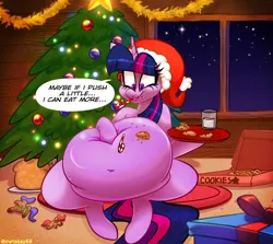 Size: 2670x2380 | Tagged: suggestive, artist:metalface069, derpibooru import, twilight sparkle, pony, belly, belly button, big belly, candy, candy cane, christmas, christmas tree, commission, cookie, fat, fat fetish, feeding, female, fetish, food, hat, holiday, image, mare, milk, png, present, santa hat, speech bubble, stomach, stuffed belly, tree, twilard sparkle, window, ych example, your character here