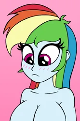 Size: 530x800 | Tagged: suggestive, artist:roseluck, derpibooru import, rainbow dash, human, equestria girls, big breasts, blush sticker, blushing, breasts, bust, busty rainbow dash, colored sketch, cropped, derpibooru exclusive, female, gradient background, image, looking down, nudity, pink background, png, simple background, solo, solo female, three quarter view