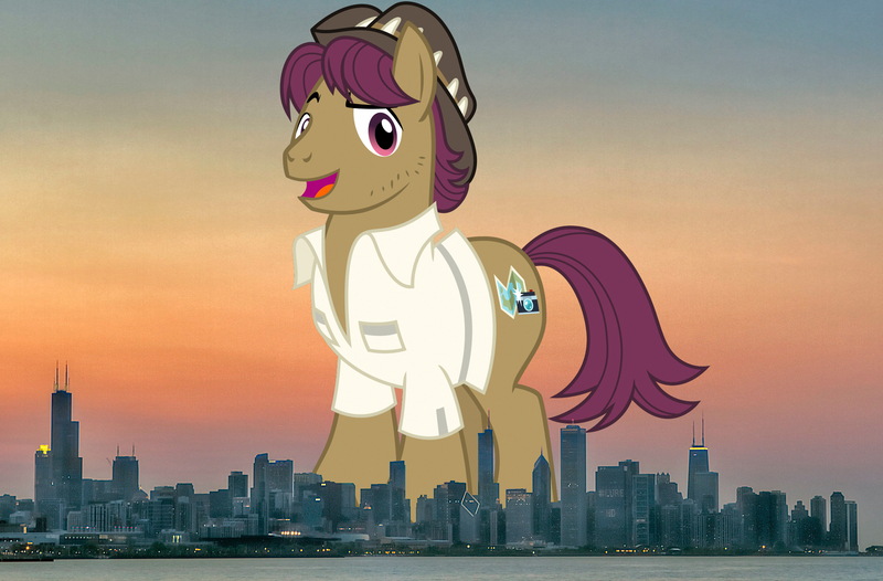 Size: 2048x1347 | Tagged: safe, artist:cheezedoodle96, artist:jaredking779, derpibooru import, edit, snap shutter, earth pony, pony, chicago, clothes, giant pony, giant/macro earth pony, hat, highrise ponies, illinois, image, irl, jpeg, macro, male, mega giant, photo, ponies in real life, shirt, stallion