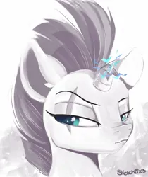 Size: 1109x1321 | Tagged: safe, artist:sketchiix3, derpibooru import, tempest shadow, pony, unicorn, broken horn, bust, eye scar, facial scar, female, horn, image, jpeg, mare, monochrome, partial color, scar, signature, solo, sparks