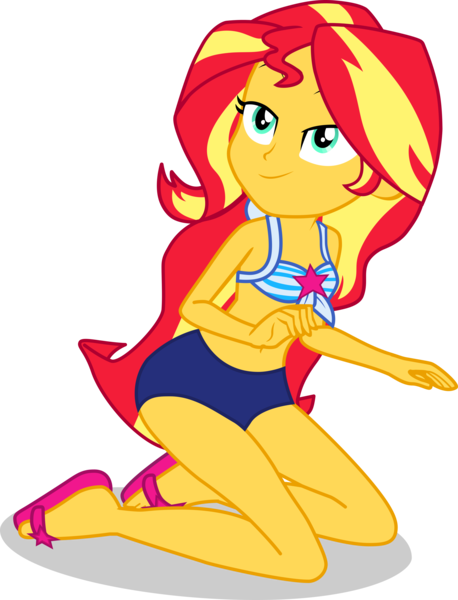 Size: 2482x3252 | Tagged: safe, alternate version, artist:dustinwatsongkx, derpibooru import, sunset shimmer, human, equestria girls, accessory swap, bare shoulders, bikini, clothes, clothes swap, eyebrows, female, high res, image, kneeling, lidded eyes, looking up, png, sandals, sci-twi swimsuit, simple background, sleeveless, smiling, solo, swimsuit, swimsuit swap, transparent background