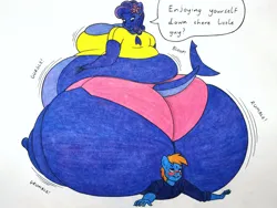 Size: 1280x962 | Tagged: suggestive, artist:thaliaglacyswells, derpibooru import, oc, oc:tenno, oc:thalia blu, anthro, hybrid, original species, shark, shark pony, blueberry inflation, butt, huge butt, image, impossibly large butt, inflation, jpeg, large butt, traditional art