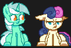 Size: 1280x860 | Tagged: safe, artist:another_pony, bon bon, lyra heartstrings, sweetie drops, earth pony, pony, unicorn, animated, blushing, female, heart, image, kissing, lesbian, lyrabon, mare, pixel art, shipping, surprised, webm