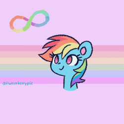 Size: 800x800 | Tagged: safe, artist:flutterberrypie, derpibooru import, rainbow dash, animated, autism, bust, dashabetes, gif, headcanon, image, pride flag, raspberry, retarded, silly, solo, stimming, tongue out, virtue signalling