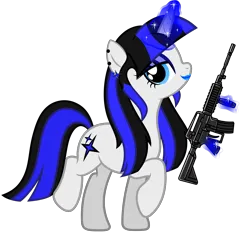 Size: 6883x6466 | Tagged: source needed, safe, alternate version, artist:severity-gray, oc, oc:coldlight bluestar, unofficial characters only, pony, unicorn, ar15, assault rifle, blue eyes, blue eyeshadow, blue lipstick, cutie mark, cutie mark accessory, cutie mark earrings, ear piercing, earring, eyeshadow, female, gun, image, lipstick, looking at you, magic, magic aura, makeup, mare, piercing, png, raised hoof, raised leg, rifle, show accurate, side view, simple background, smiling, smiling at you, solo, telekinesis, transparent background, two toned mane, two toned tail, weapon, white coat