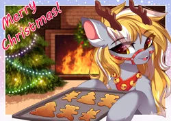 Size: 2480x1748 | Tagged: safe, artist:airiniblock, derpibooru import, oc, oc:stormy, unofficial characters only, pony, antlers, baking sheet, christmas, christmas lights, christmas tree, cookie, fireplace, food, holiday, image, jingle bells, png, solo, tack, tree