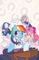 Size: 1024x1554 | Tagged: safe, derpibooru import, idw, accord, fluttershy, rainbow dash, rarity, twilight sparkle, twilight sparkle (alicorn), alicorn, clothes, cover art, dress, facial hair, image, jpeg, moustache, quill pen