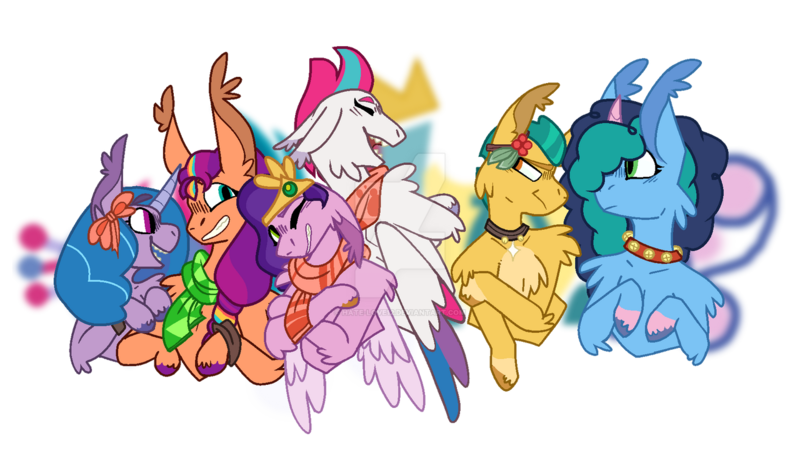 Size: 1280x722 | Tagged: safe, artist:hate-love12, derpibooru import, hitch trailblazer, izzy moonbow, pipp petals, sunny starscout, zipp storm, pony, g5, adorapipp, base used, clothes, cute, deviantart watermark, female, image, mane five (g5), misty brightdawn, obtrusive watermark, png, royal sisters (g5), scarf, siblings, simple background, sisters, striped scarf, transparent background, watermark