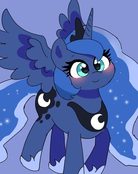 Size: 1395x1752 | Tagged: safe, artist:leo19969525, derpibooru import, princess luna, alicorn, pony, blushing, crown, cyan eyes, ears, ears up, female, hair, horn, image, jewelry, jpeg, mane, mare, regalia, simple background, smiling, solo, spread wings, tail, wings