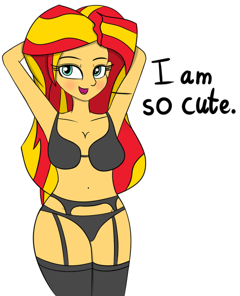 Size: 859x1061 | Tagged: suggestive, anonymous artist, derpibooru import, sunset shimmer, equestria girls, armpits, bedroom eyes, belly button, black underwear, blushing, bra, breasts, cleavage, clothes, dialogue, female, garter belt, image, lingerie, looking at you, open mouth, panties, png, simple background, socks, solo, stockings, talking to viewer, thigh highs, underwear, white background