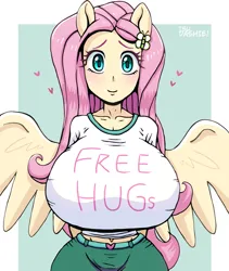 Size: 700x830 | Tagged: suggestive, artist:tsudashie, derpibooru import, fluttershy, human, equestria girls, belly button, big breasts, breasts, free hugs, heart, huge breasts, image, looking at you, png, pony ears, waiting, wings