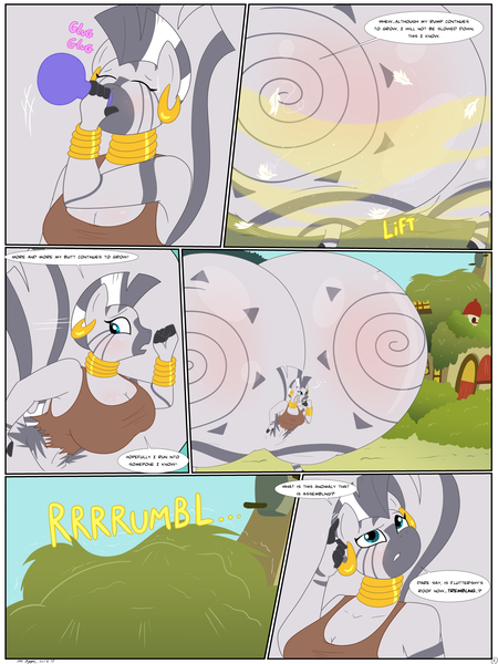 Size: 1800x2400 | Tagged: suggestive, artist:necrofeline, derpibooru import, zecora, anthro, zebra, series:booty trap, bottle, breasts, bush, butt, butt expansion, clothes, comic, cork, drinking, fluttershy's cottage, growth, huge butt, hyper, hyper butt, image, impossibly large butt, large butt, loincloth, magic, png, potion, solo, vial, zecorass