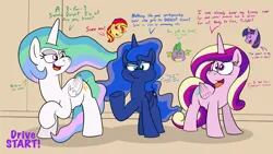Size: 6198x3500 | Tagged: safe, artist:rupertbluefox, derpibooru import, princess cadance, princess celestia, princess luna, spike, sunset shimmer, twilight sparkle, alicorn, dragon, pony, unicorn, series:sunsmoons&heartbellyballoons, bedroom eyes, chibi, dialogue, fat, fat fetish, female, fetish, image, incentive drive, male, missing accessory, png, this will end in weight gain, tongue out