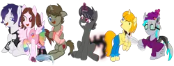 Size: 2100x800 | Tagged: safe, artist:darktailsko, derpibooru import, oc, oc:batilla, oc:christian, oc:cutiechu, oc:darkknighthoof, oc:darkknightshade, oc:tippy toes, ponified, unofficial characters only, bat pony, earth pony, pegasus, pony, unicorn, derpibooru community collaboration, 2023 community collab, augmented, augmented tail, bat pony oc, bat wings, beanie, boots, bracelet, clothes, coat, evil grin, fangs, feather, female, fingerless gloves, glasses, gloves, glow, glowing horn, grin, hat, hoodie, hoof tickling, horn, image, laughing, leggings, looking at each other, looking at someone, magic, male, mare, necktie, one eye closed, open mouth, png, ponified oc, rainbow socks, raised hoof, shirt, shoes, simple background, sitting, skirt, smiling, socks, spiked wristband, stallion, stockings, striped socks, suit, tail, thigh highs, tickle torture, tickling, transparent background, vest, wall of tags, wings, wristband