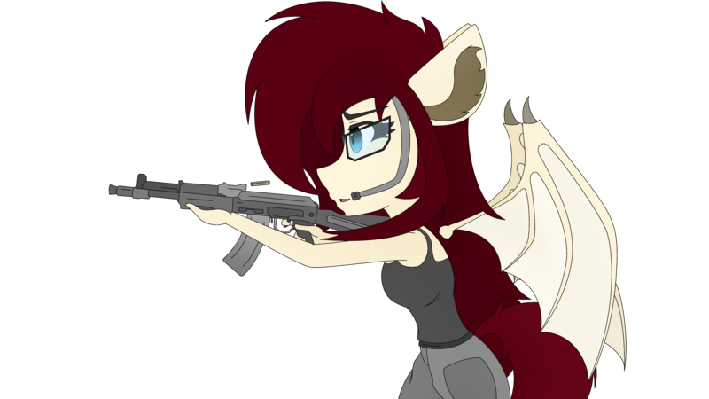 Size: 3840x2160 | Tagged: safe, artist:straighttothepointstudio, derpibooru import, oc, unofficial characters only, anthro, bat pony, aiming, ak-47, anthro oc, assault rifle, bat pony oc, bat wings, clothes, digital art, female, g5, glasses, gun, happy, headset, image, png, rifle, simple background, solo, tanktop, transparent background, weapon, wings