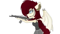 Size: 3840x2160 | Tagged: safe, artist:straighttothepointstudio, derpibooru import, oc, unofficial characters only, anthro, bat pony, aiming, ak-47, anthro oc, assault rifle, bat pony oc, bat wings, clothes, digital art, female, g5, glasses, gun, happy, headset, image, png, rifle, simple background, solo, tanktop, transparent background, weapon, wings