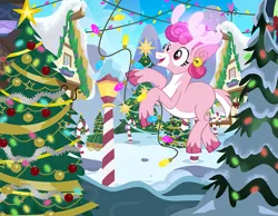 Size: 1161x900 | Tagged: safe, artist:pixelkitties, derpibooru import, bori the reindeer, deer, reindeer, antlers, candy, candy cane, christmas, christmas lights, christmas tree, ear piercing, earring, food, holiday, i can't believe it's not hasbro studios, image, jewelry, lamppost, piercing, png, snow, solo, tree, unshorn fetlocks