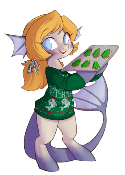 Size: 1637x2279 | Tagged: artist needed, source needed, safe, oc, oc:marina, unofficial characters only, hybrid, merpony, semi-anthro, bipedal, christmas cookies, female, image, looking at you, png, simple background, white background