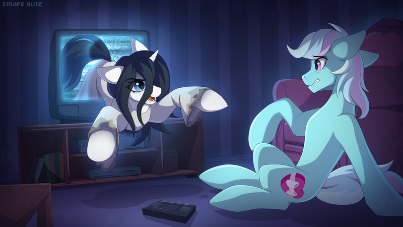 Size: 3840x2160 | Tagged: safe, artist:strafe blitz, derpibooru import, oc, ponified, earth pony, pony, unicorn, female, image, imminent death, png, television, the ring