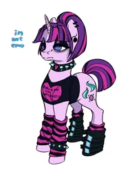 Size: 1940x2568 | Tagged: safe, artist:bluvsred, derpibooru import, starlight glimmer, unicorn, choker, clothes, ear piercing, emo, horn, image, leg warmers, makeup, piercing, png, shirt, simple background, socks, striped socks, white background, wristband