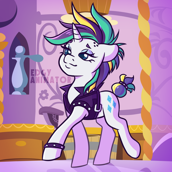 Size: 1200x1200 | Tagged: safe, artist:edgyanimator, derpibooru import, rarity, pony, unicorn, it isn't the mane thing about you, background, blue eyes, blue eyeshadow, cute, digital art, eyeshadow, fashionista, female, firealpaca, full body, horn, image, makeup, mare, png, punk, purple hair, redraw, smiling, smug, solo, standing, standing on two hooves, tail, watermark, white coat