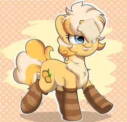 Size: 1958x1891 | Tagged: safe, artist:joaothejohn, derpibooru import, oc, oc:lemon bread, earth pony, pony, balancing, bread, chest fluff, clothes, commission, cute, earth pony oc, food, image, looking up, nom, png, simple background, socks