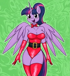 Size: 1929x2106 | Tagged: suggestive, artist:moonatik, derpibooru import, twilight sparkle, twilight sparkle (alicorn), alicorn, anthro, pony, abstract background, alternate hairstyle, belt, big breasts, boots, bowtie, breasts, busty twilight sparkle, christmas, cleavage, clothes, evening gloves, female, gloves, holiday, image, latex, latex gloves, latex leotard, latex stockings, leotard, long gloves, mare, open mouth, open smile, png, ponytail, shoes, smiling, solo, solo female, spread wings, stockings, thigh boots, thigh highs, thighs, wings