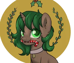 Size: 2600x2200 | Tagged: safe, artist:dumbwoofer, derpibooru import, oc, oc:pine shine, pony, unicorn, bell, bell collar, candy, candy cane, christmas, collar, ear fluff, female, food, holiday, holly, holly mistaken for mistletoe, image, looking at you, mare, png, simple background, solo, transparent background, wreath