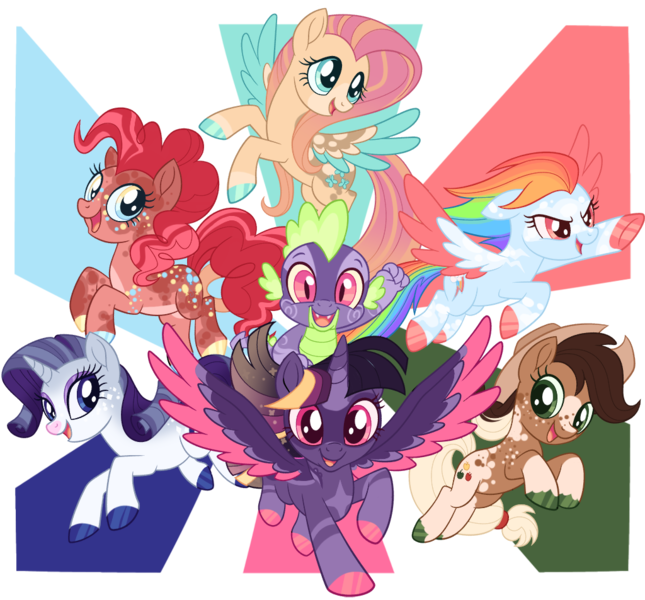 Size: 1024x953 | Tagged: safe, artist:firebugfrenzical, derpibooru import, applejack, fluttershy, pinkie pie, rainbow dash, rarity, spike, twilight sparkle, twilight sparkle (alicorn), alicorn, pony, alternate design, image, mane seven, mane six, png, recolor, twitterina design