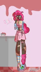 Size: 962x1680 | Tagged: safe, artist:cutiechimeron, derpibooru import, pinkie pie, human, alternate hairstyle, belly button, belt, blackwashing, boots, cake, choker, clothes, dark skin, ear piercing, earring, female, food, grin, hoodie, humanized, image, jewelry, knife, leg warmers, lipstick, makeup, midriff, piercing, png, shoes, skirt, smiling, socks, solo, spoon, striped socks, tumblr style, vitiligo