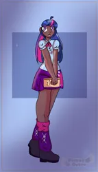 Size: 962x1680 | Tagged: safe, artist:cutiechimeron, derpibooru import, twilight sparkle, human, blackwashing, book, boots, bowtie, clothes, dark skin, female, humanized, image, leg warmers, png, shirt, shoes, skirt, socks, solo