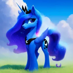 Size: 1024x1024 | Tagged: safe, derpibooru import, machine learning generated, purplesmart.ai, stable diffusion, princess luna, alicorn, pony, beautiful, cute, cutie mark, ethereal mane, ethereal tail, female, folded wings, grass, grass field, image, jewelry, looking at you, lunabetes, png, regalia, smiling, smiling at you, solo, standing, tail, tiara, wings