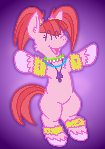 Size: 594x842 | Tagged: safe, artist:froutsuip, derpibooru import, pacific glow, earth pony, accessories, glowstick, happy, image, pacifier, pigtails, png, rave, standing on two hooves, twintails